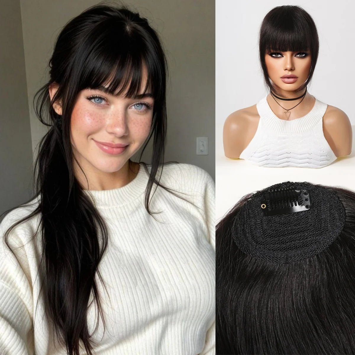 100% Remy Human Hair Fringe Bangs Clips in Natural Black Human Hair 3D Fringe Bangs Hairpieces for Women with Thinning Hair