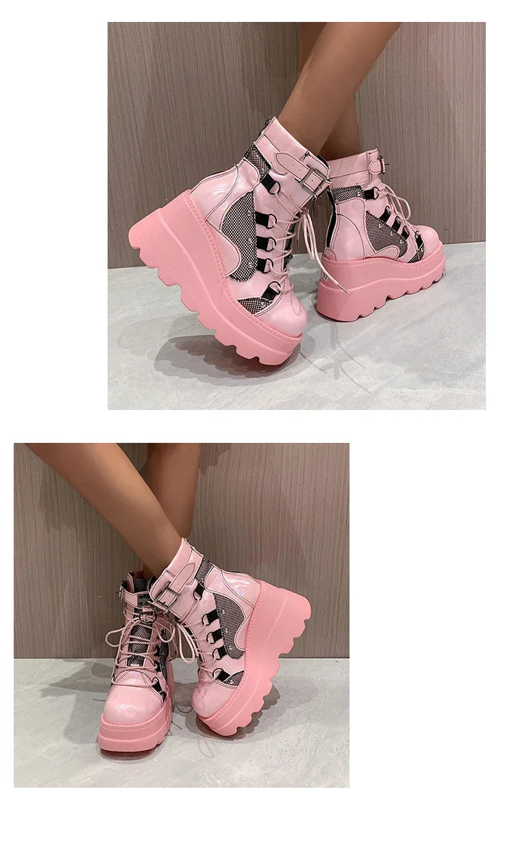2025 New Design Women Punk Gothic Motorcycle Boots Platform Chunky High Heel Ankle Boot Ladies Cool Wedge Black Female Shoes