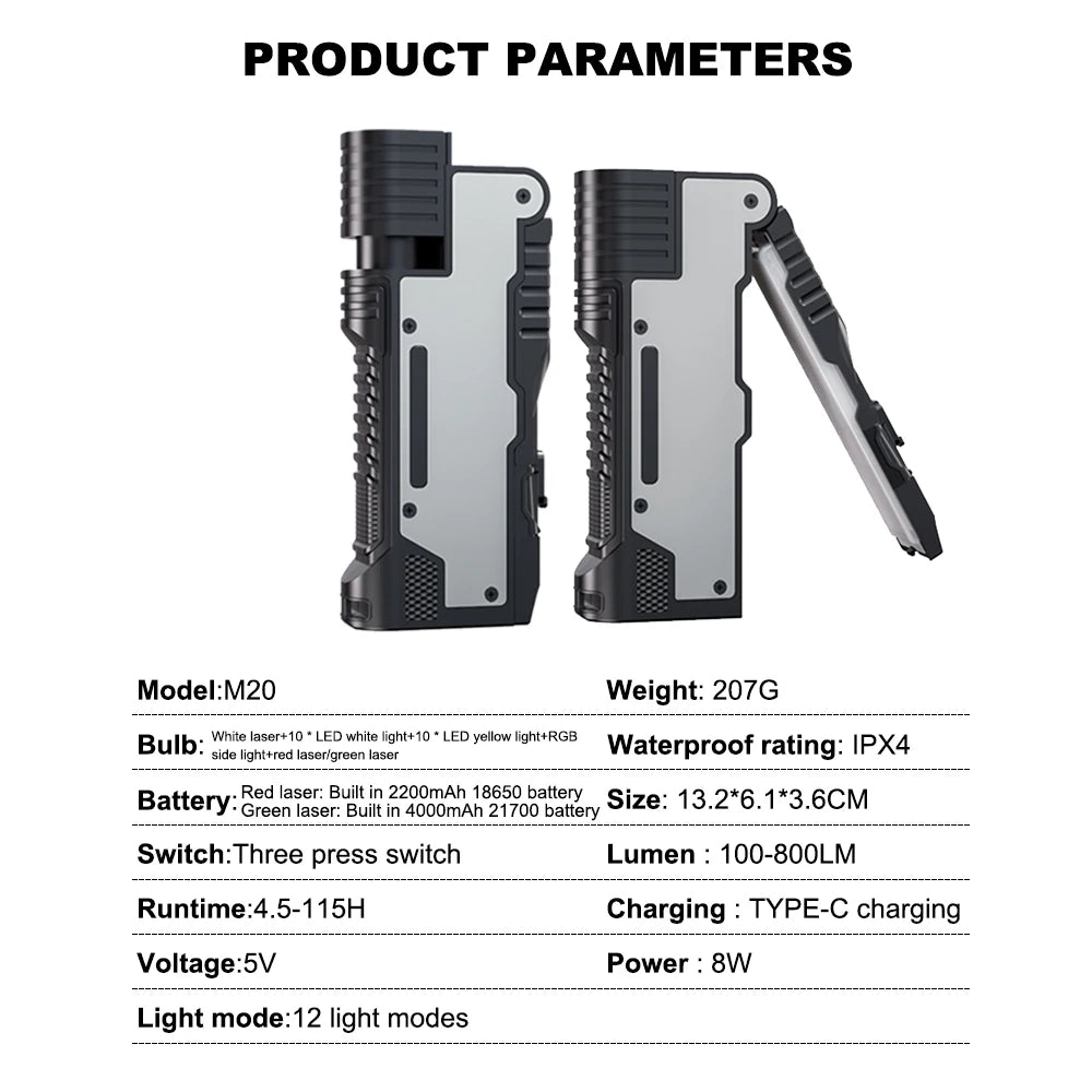 Asafee M20 Multi-functional Foldable Magnet Flashlight 3 Lighting Modes  Rechargeable Torch RGB Atmosphere LED  Work Flashlight