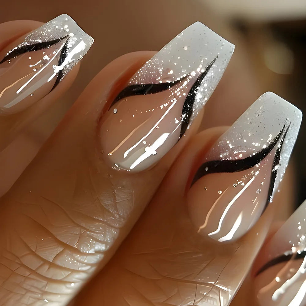 24Pcs Simple Square Head Fake Nail with nude design White Gradient French Press on False Nails Short Full Cover Nail Tips