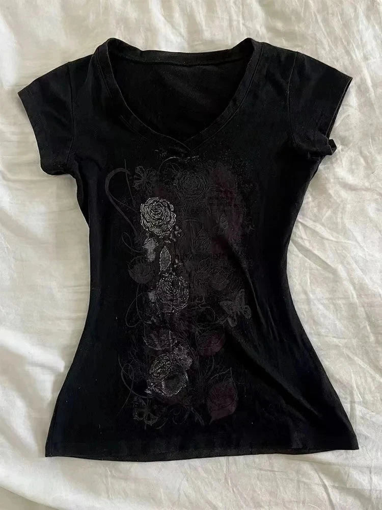 2026 American Vintage T-shirts Women Short Sleeve Retro Bodycon Y2k Crop Top Office Lady Korean Fashion Harajuku Subculture Tees