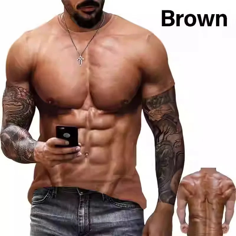 Men's 6-pack Abdominal Muscle T-shirt 3D Printed Short-sleeved Fitness Running Sports Casual Loose Short-sleeved Comfortable Shirt