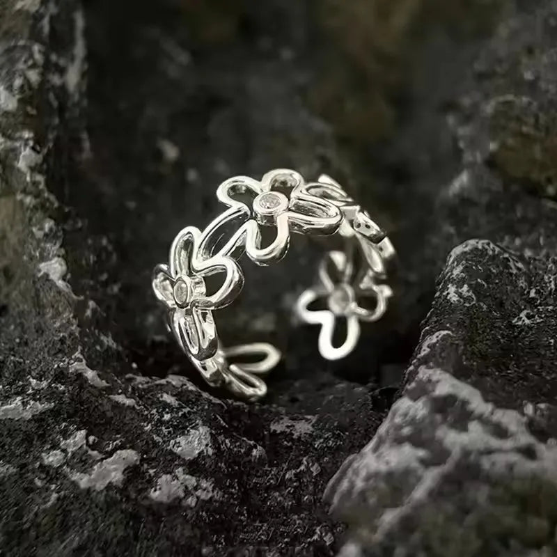925 Sterling Silver Flower Geometry Ring For Women Girl Hollow Out Zircon Grace Wide Jewelry Gift Dropshipping