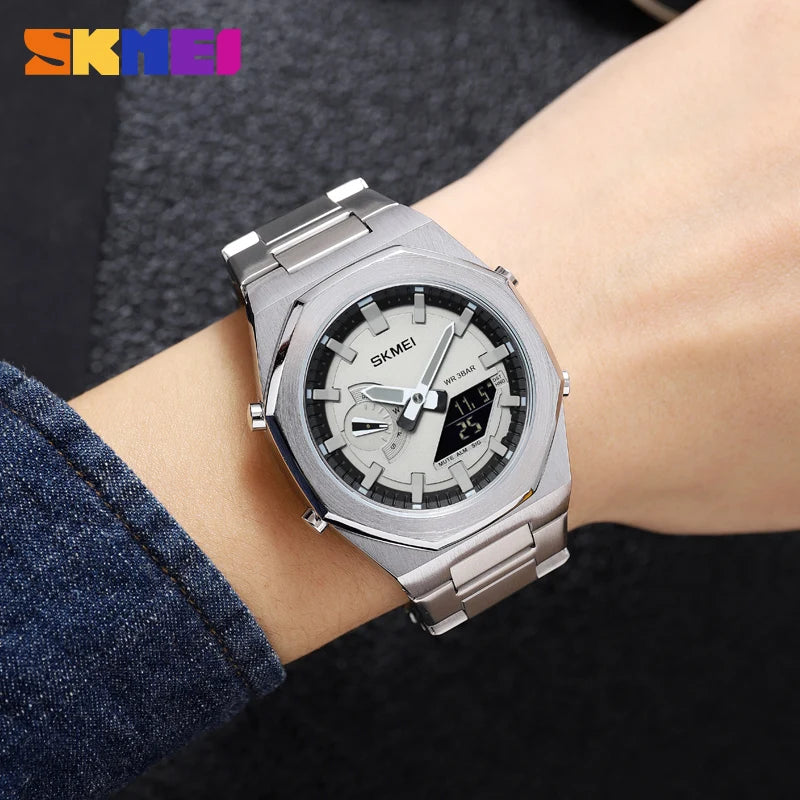 SKMEI Luxury Quartz Watch for Men Sport Stainless Steel Digital LED Display Waterproof Wristwatches Mens Clock Reloj Hombre 1816