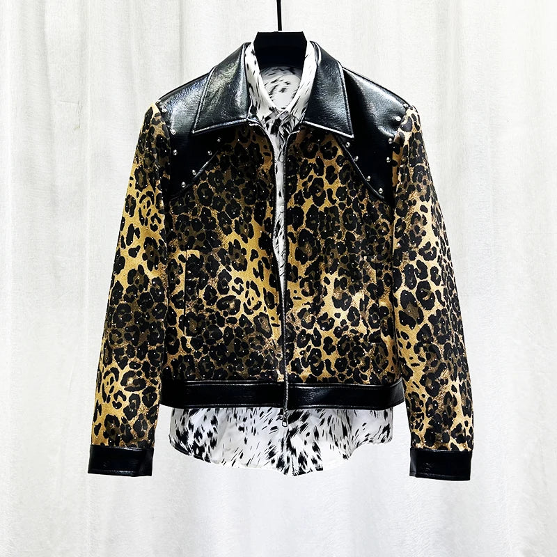 PFHQ Fashion Men's Jacket American Style Leopard Print Patchwork Rivet Design Spliced Leather Lapel Short Zipper Coats 21P1523