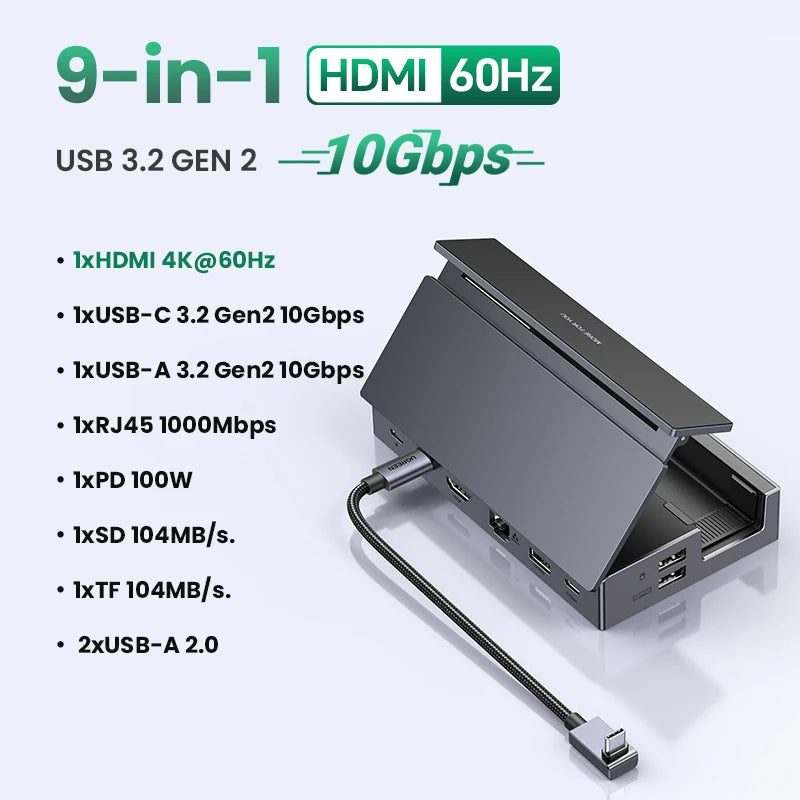 UGREEN Steam Deck Dock 6/9Ports USB C Gaming HUB Foldable Stand 4K HDMI/DisplayPort RJ45 100W 5/10Gbps USB A&C for Rog Legion Go