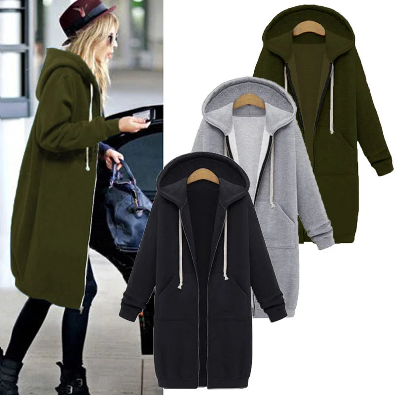 2024 Women's Autumn Winter Thick Hooded Parkas Loose Hooded Jackets Zipper Pocket Maxi Size Sweatshirt Sports Dresses Outwear