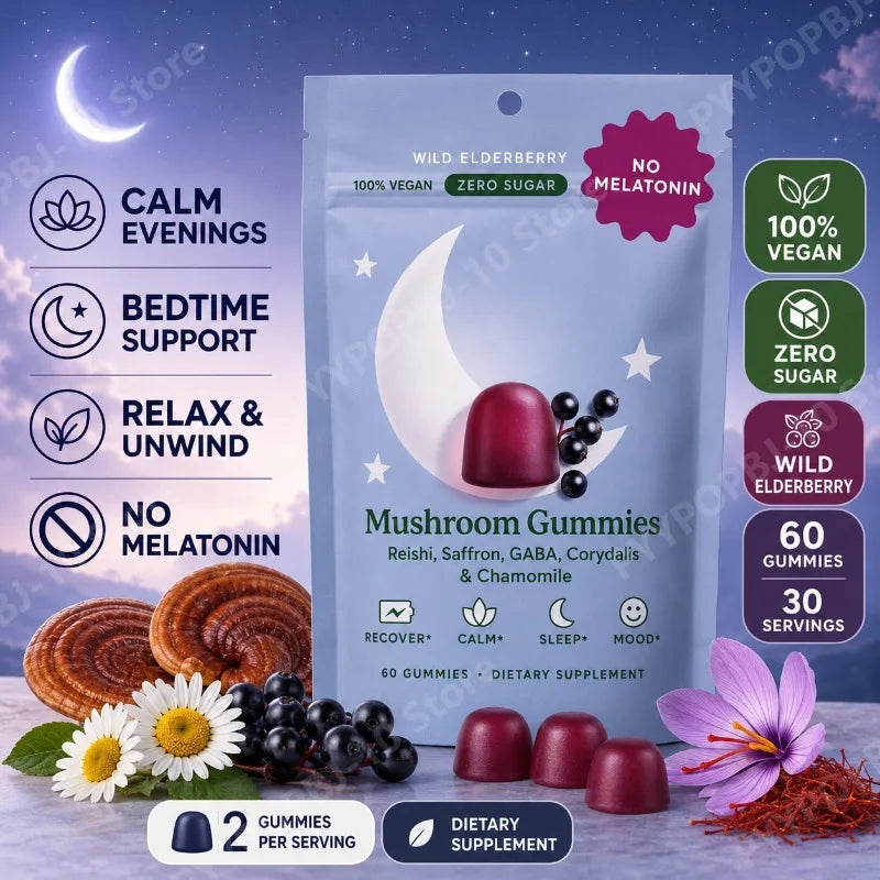 Mushroom Gummies with Reishi GABA Saffron Chamomile Supports Evening Relaxation No Melatonin Zero Sugar Vegan 60 Gummies