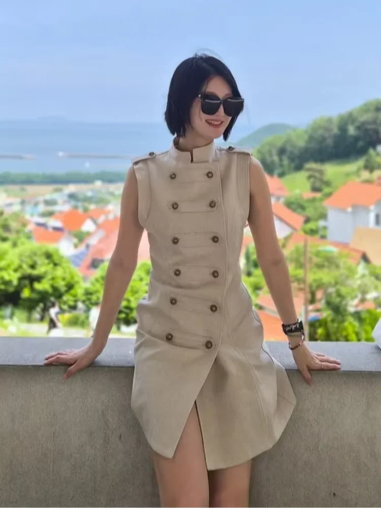 Women's Stand Collar Double Breasted Mini Dress Sleeveless Elegant Casual Slim Fit Short Robe Lady Office New Dresses 2026 Summer