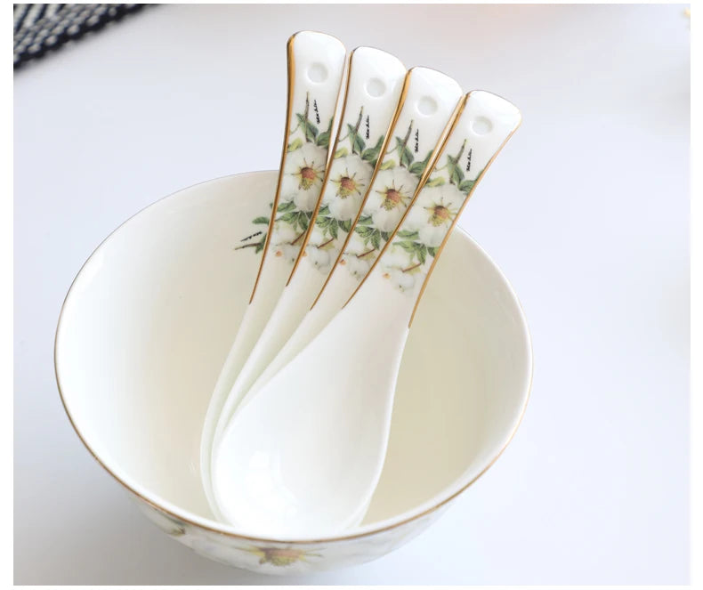Bone China Dinnerware, Household Ceramic Rice Bowl, Deep Dishes, Soup Pots, Steak Flat Plate, Delicate Floral Tableware