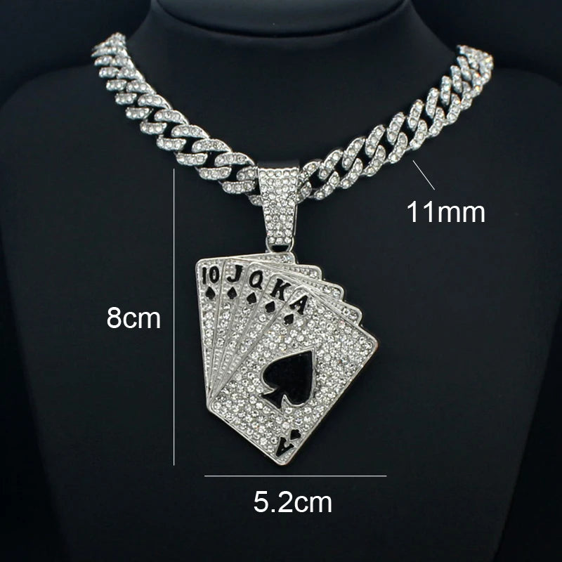 Men Women Hip Hop Playing Card Poker Pendant Necklace Crystal Cuban Chain HipHop Iced Out Bling Necklaces Fashion Charm Jewelry