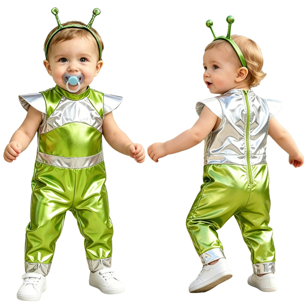 Little Boys Girls Halloween Theme Party Metallic Shiny Alien Rompers Space Robot Astronaut Dress Up Jumpsuit Photography Costume
