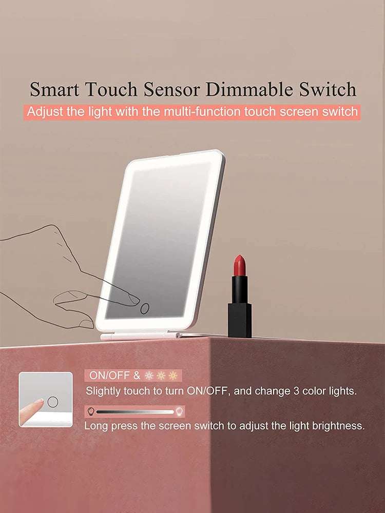 LED Travel Makeup Mirror 3 Colors Light USB Rechargeable Touch Screen Cute Portable Tabletop Cosmetic Mirror Ins PINK Beautiful