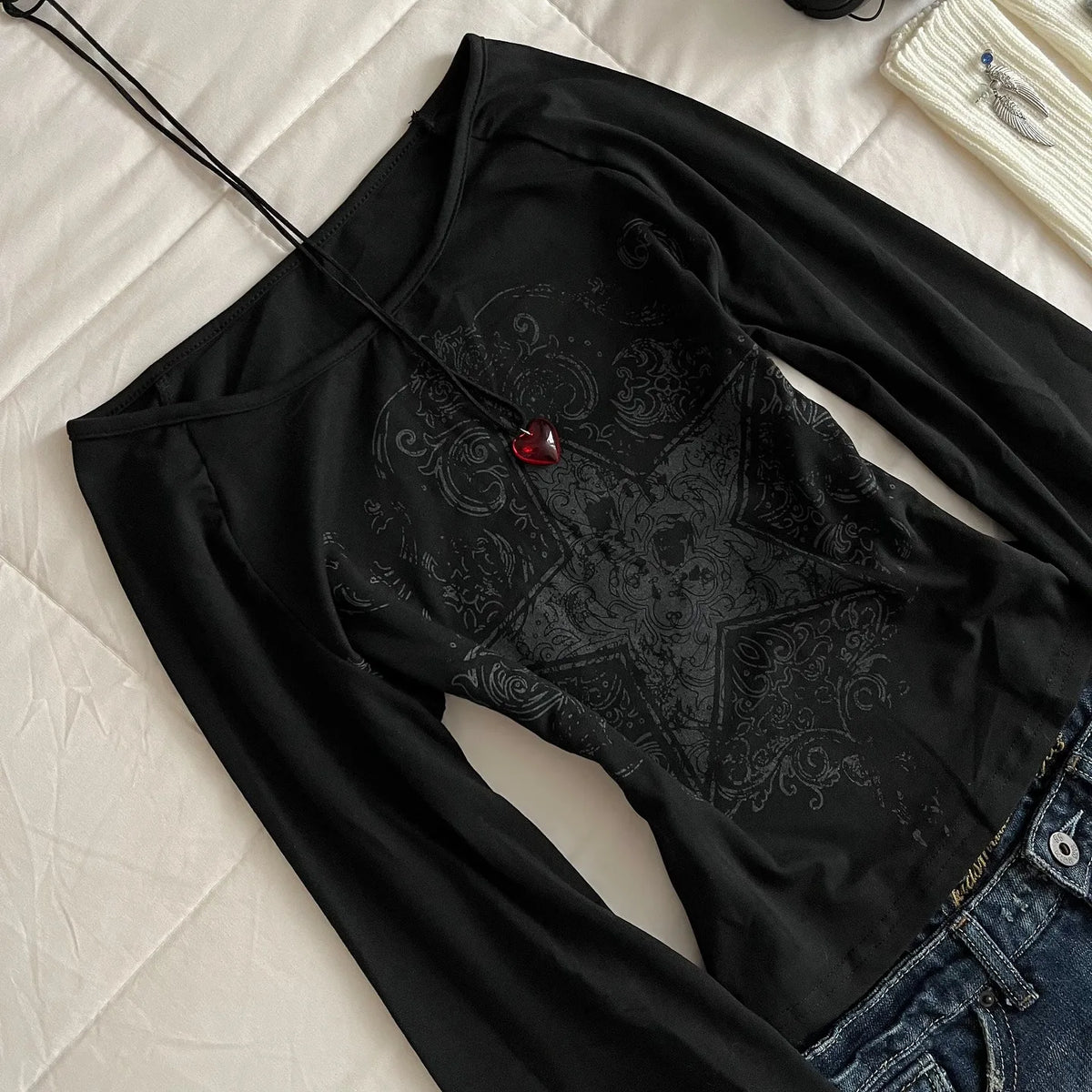 Y2K Grunge Emo Pattern Top Suitable for Autumn E-Girls Millennium Style Women's Aesthetic Gothic Printed Loose Long Sleeve T-shirt