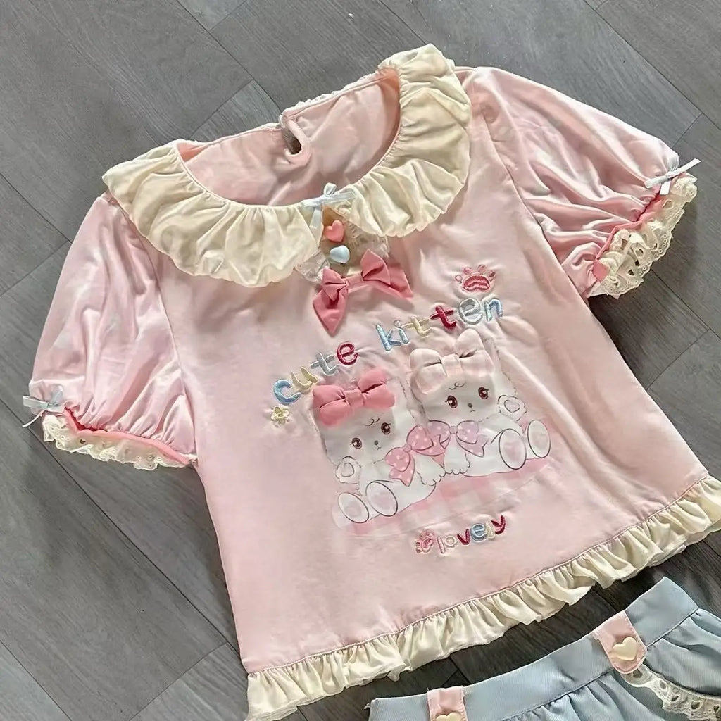 Japanese Kawaii T-shirts Women Casual Y2k Crop Top Sweet Lolita Tees Design for Girls Clothing Short Sleeve T Shirts Outwear Chic