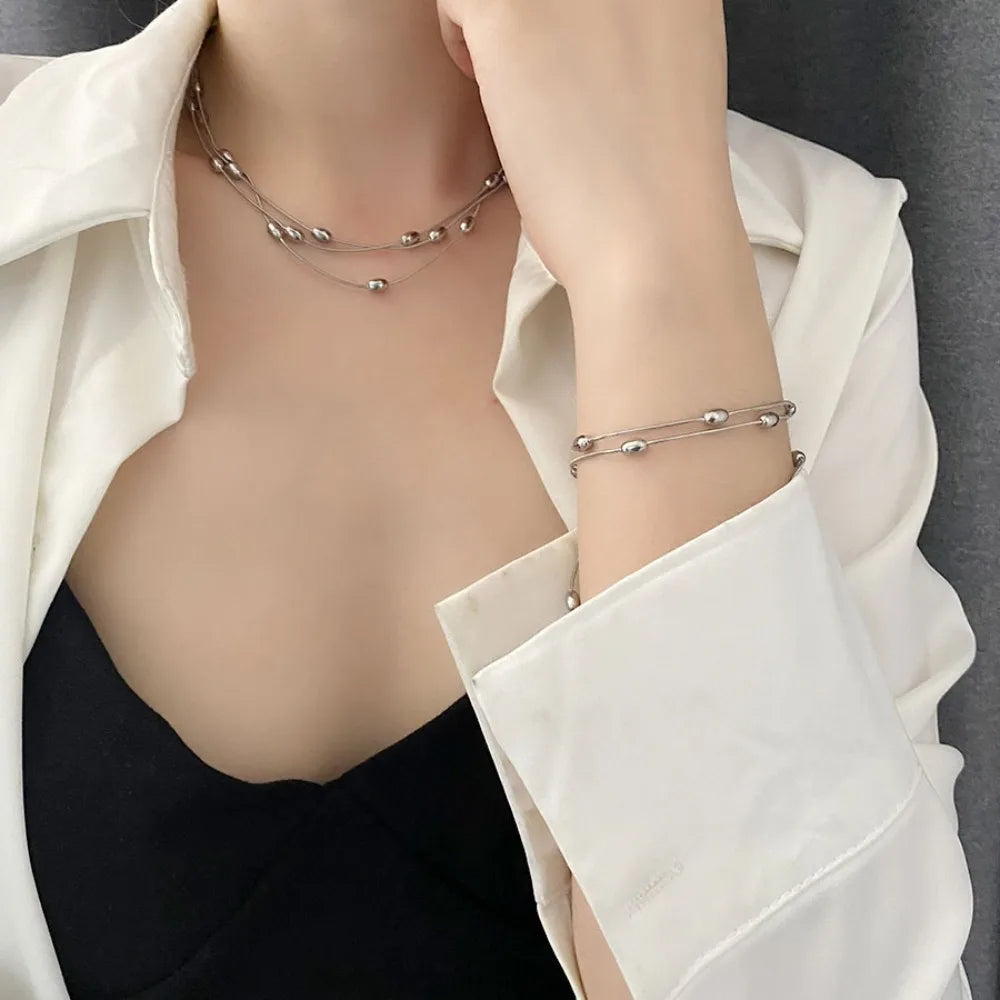 Personalized Design Gold Color Stainless Steel Multiple Layers Round Bead Bracelet for Women Charm Necklace Jewelry Set Gift