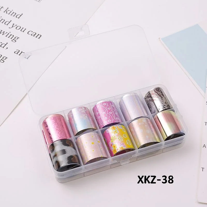 10 Rolls/ Box Charm Nail Foils Polish Stickers Metal Color Starry Paper Transfer Foil Wraps Adhesive Decals Nail Art Decorations