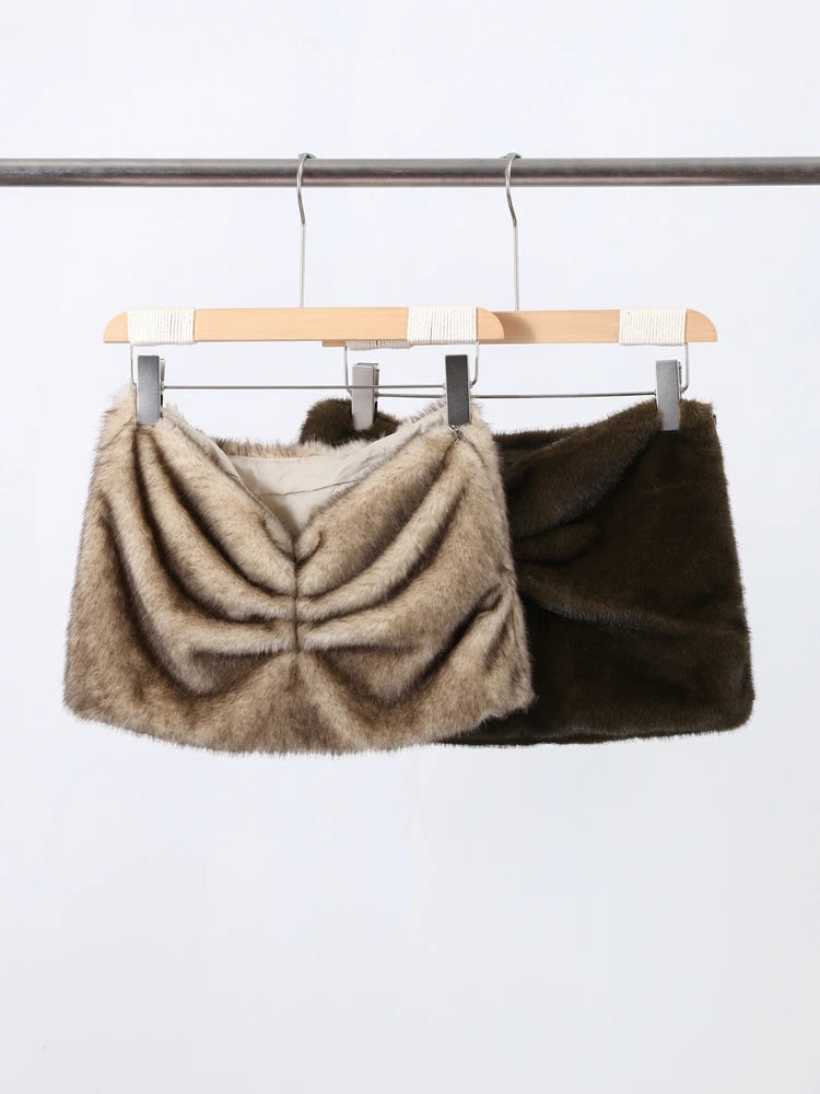 Sexy Faux Fur Mini Skirt Women Slim Pleated Hip Package Short Skirts Female 2025 Autumn Winter Fashion Streetwear Lady Bottoms