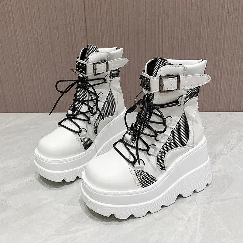 2025 New Design Women Punk Gothic Motorcycle Boots Platform Chunky High Heel Ankle Boot Ladies Cool Wedge Black Female Shoes