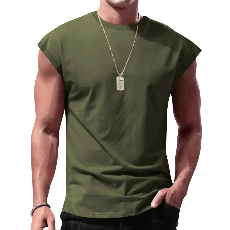 Men's Loose Short Sleeve T-Shirt Round Neck Sleeveless Casual Breathable Summer Sports Basic Vest