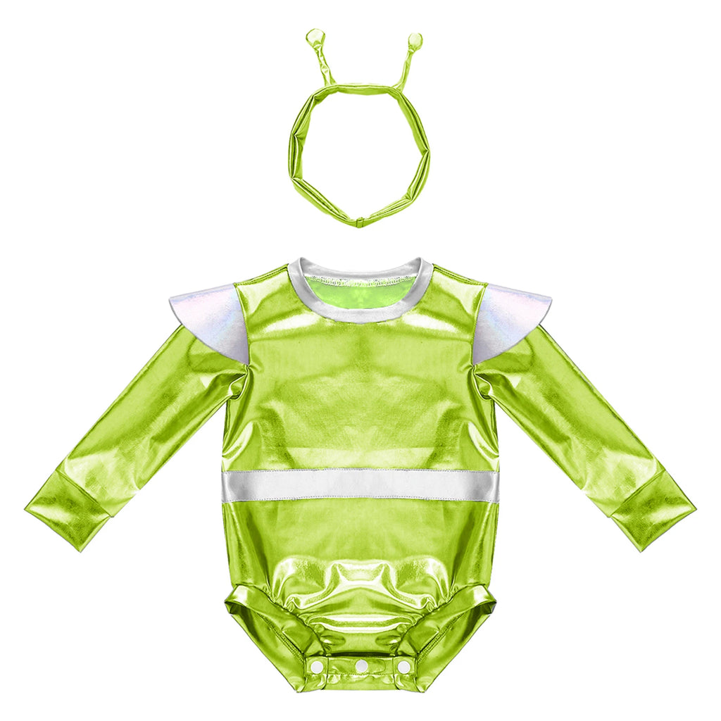 Little Boys Girls Halloween Theme Party Metallic Shiny Alien Rompers Space Robot Astronaut Dress Up Jumpsuit Photography Costume