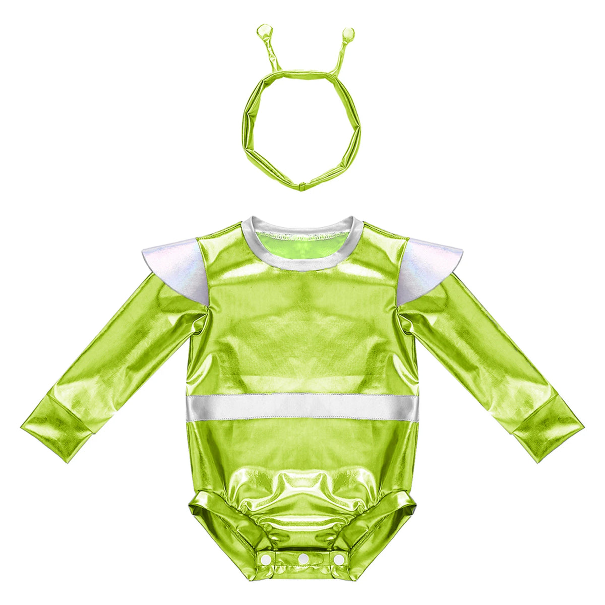 Toddler Boys Girls Shiny Alien Dress-up Costume Jumpsuit Cap Sleeve Zipper Metallic Romper for Photography Halloween Theme Party