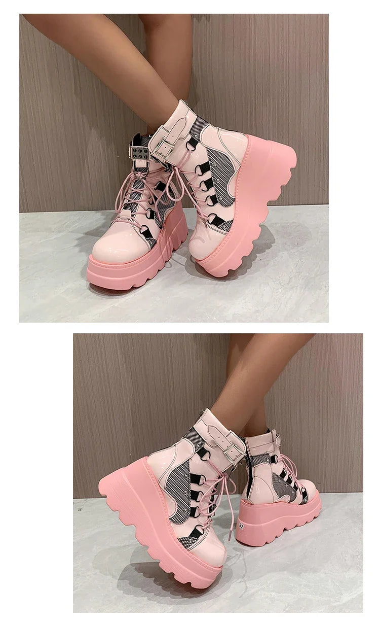 2025 New Design Women Punk Gothic Motorcycle Boots Platform Chunky High Heel Ankle Boot Ladies Cool Wedge Black Female Shoes