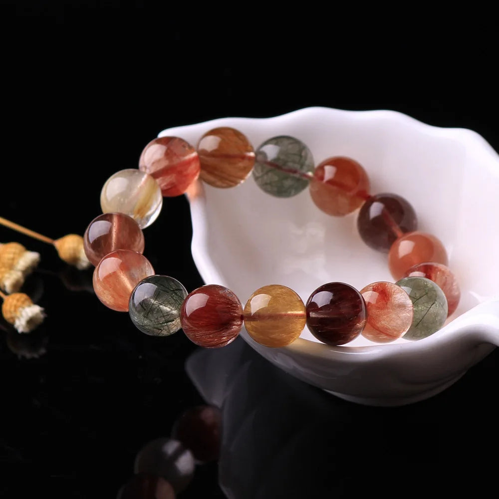 Natural Colorful Rutilated Quartz Beads Bracelet Women Men Red Green Copper Clear Round Beads 8mm 9mm 11mm 12mm 13mm AAAAA