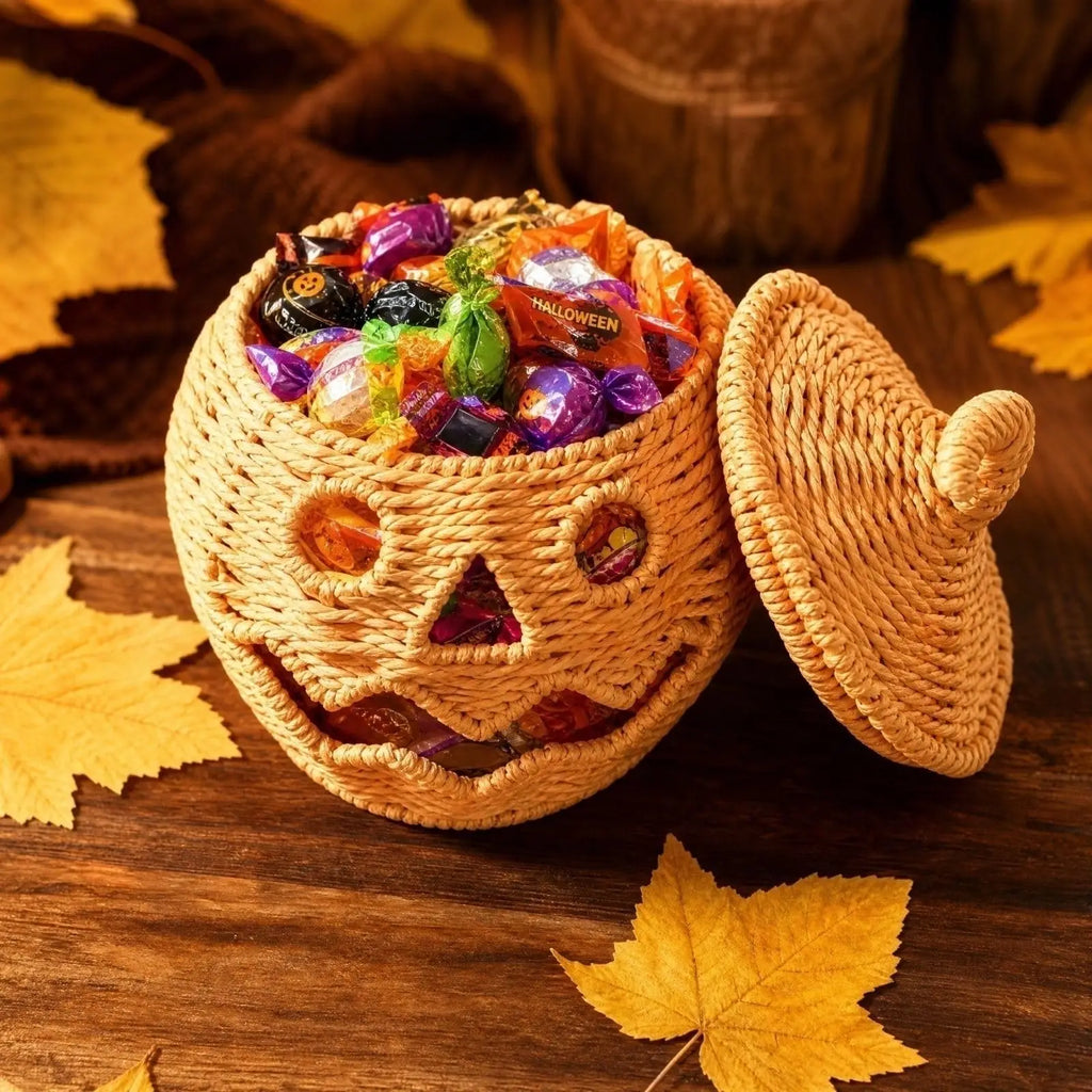 Halloween Decorations Hand-Woven Wicker Pumpkin Lantern Witch Hat Storage Box Home Decorative Statue Ornaments Christmas Decor