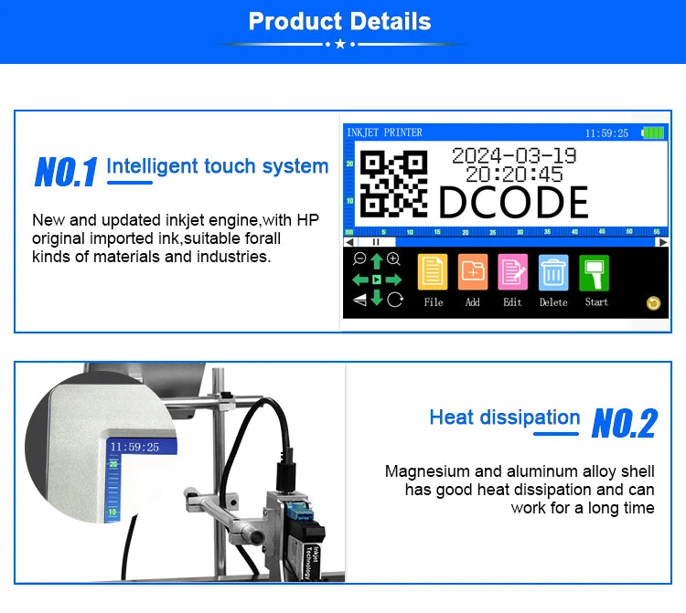 DCODE 170PLUS 7-inch IPS TIJ Industrial Online Inkjet Printer 12.7mm Text QR Barcode Batch Number Logo Date Label Glass Printer