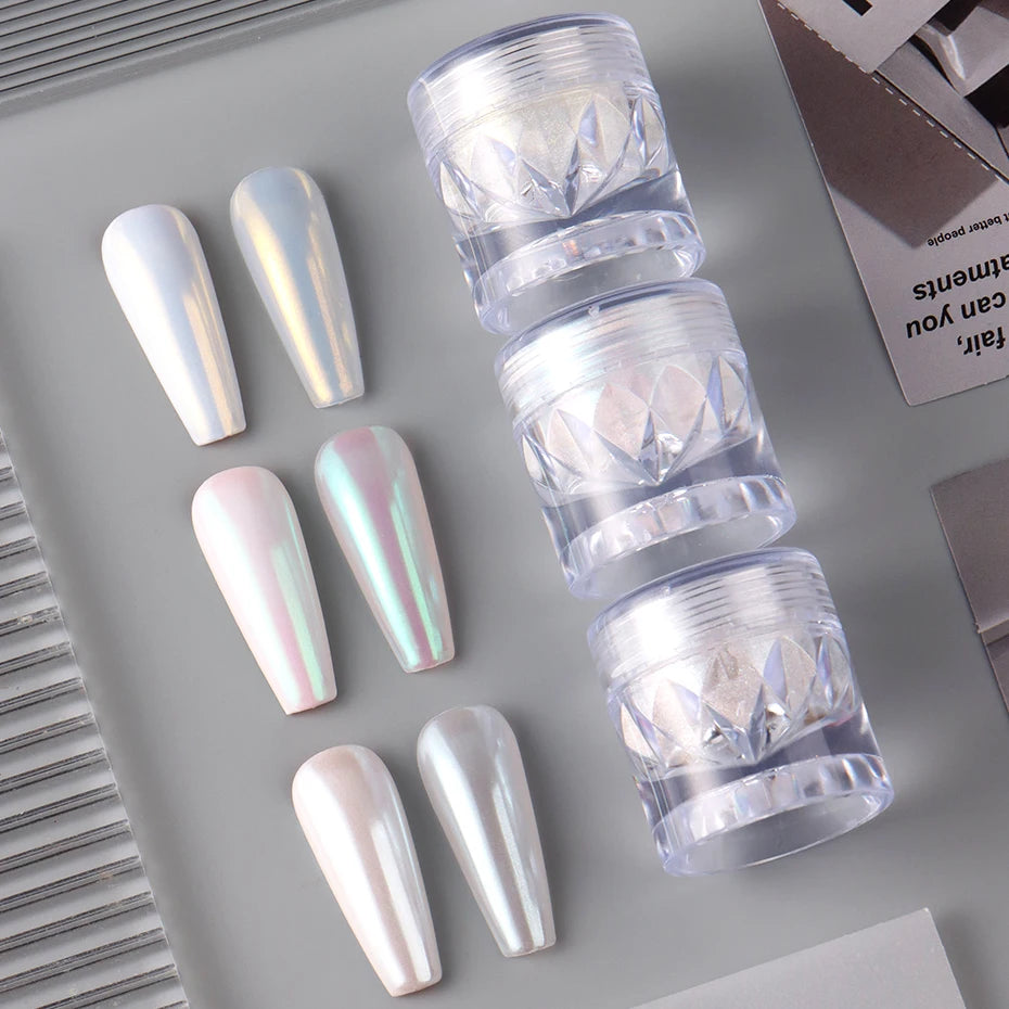 1 Box White Chrome Pearl Nail Powder Aurora Mirror Nail Art Powder Pigment Fairy Pink Effect Rubbing Glitter Nail Art Decoration