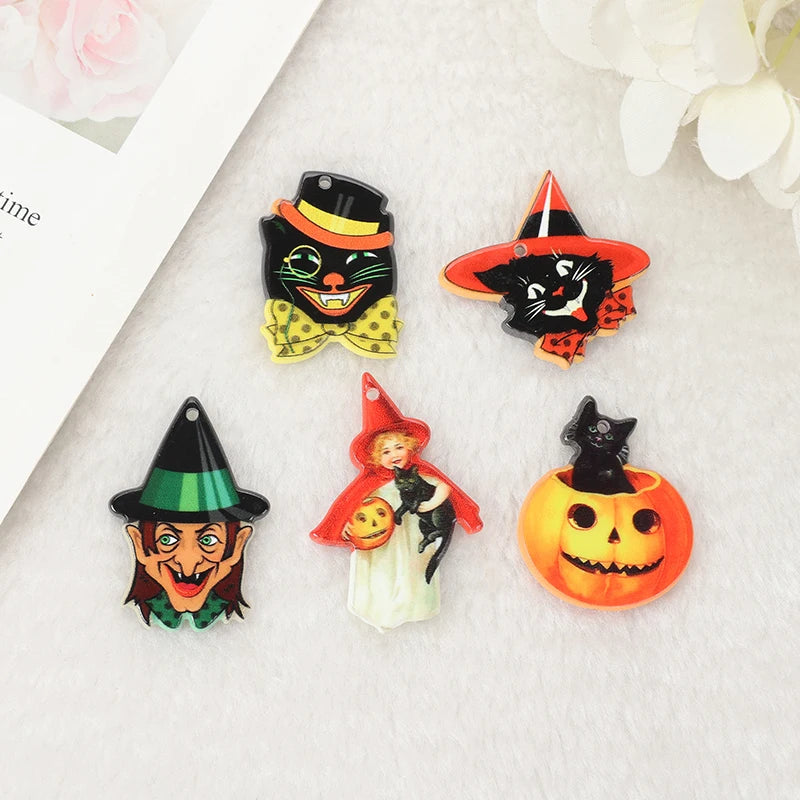 10Pcs Vintage Halloween Charms Creative Acrylic Pumpkins Black Cat Pendant For Necklace Earring DIY Making Accessories