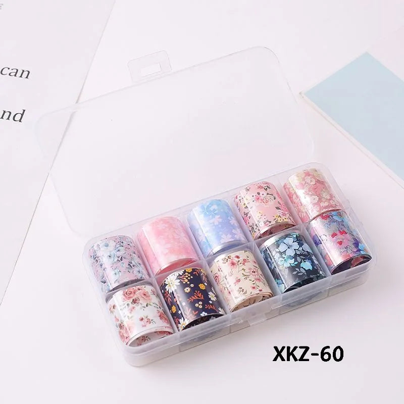 10 Rolls/ Box Charm Nail Foils Polish Stickers Metal Color Starry Paper Transfer Foil Wraps Adhesive Decals Nail Art Decorations