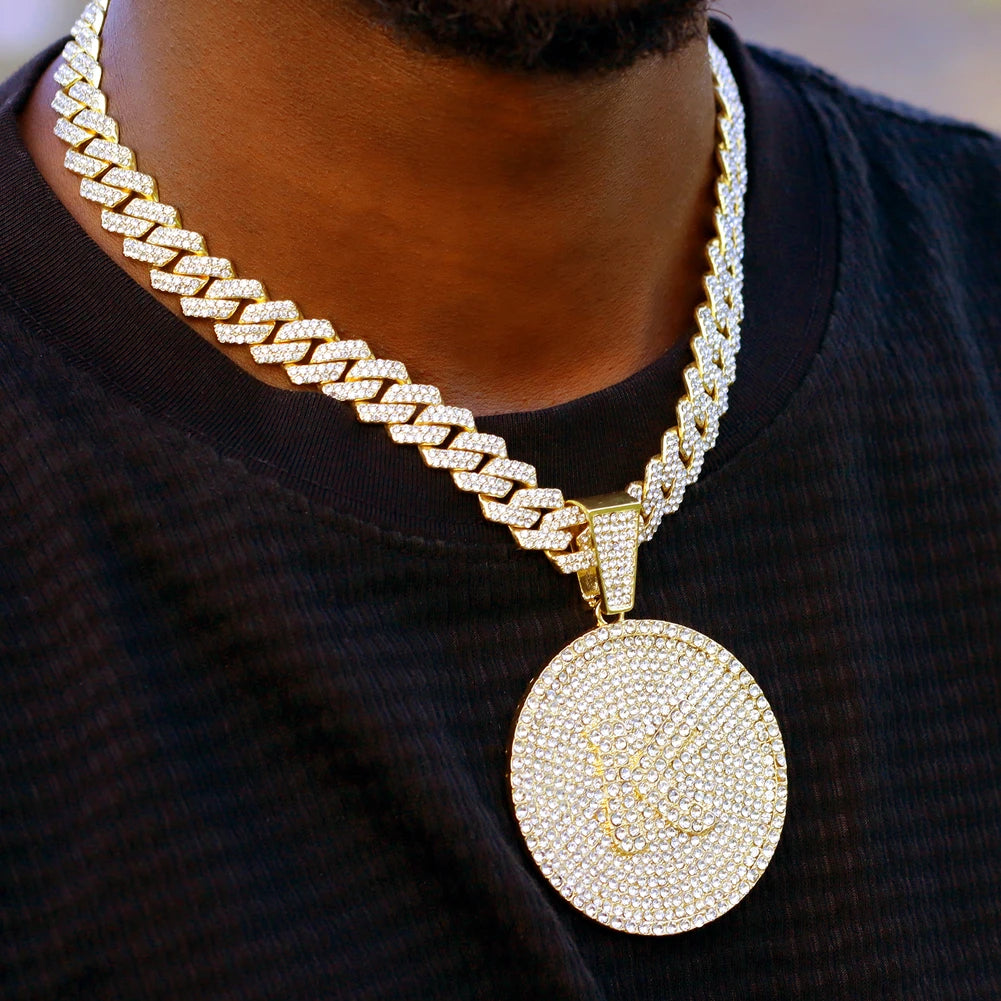 Men Initial Name Pendant Necklace with Hip Hop Iced Out Rhinestone Paved Cuban Link Chain Necklace Fashion Birthday Jewelry Gift