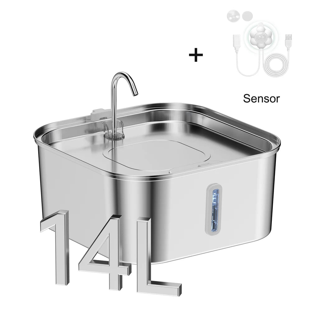 14L Automatic Cat Water Fountain, Cat Fountain with Water Level Window, Stainless Steel Dog Water Feeder, Suitable for Large Pet