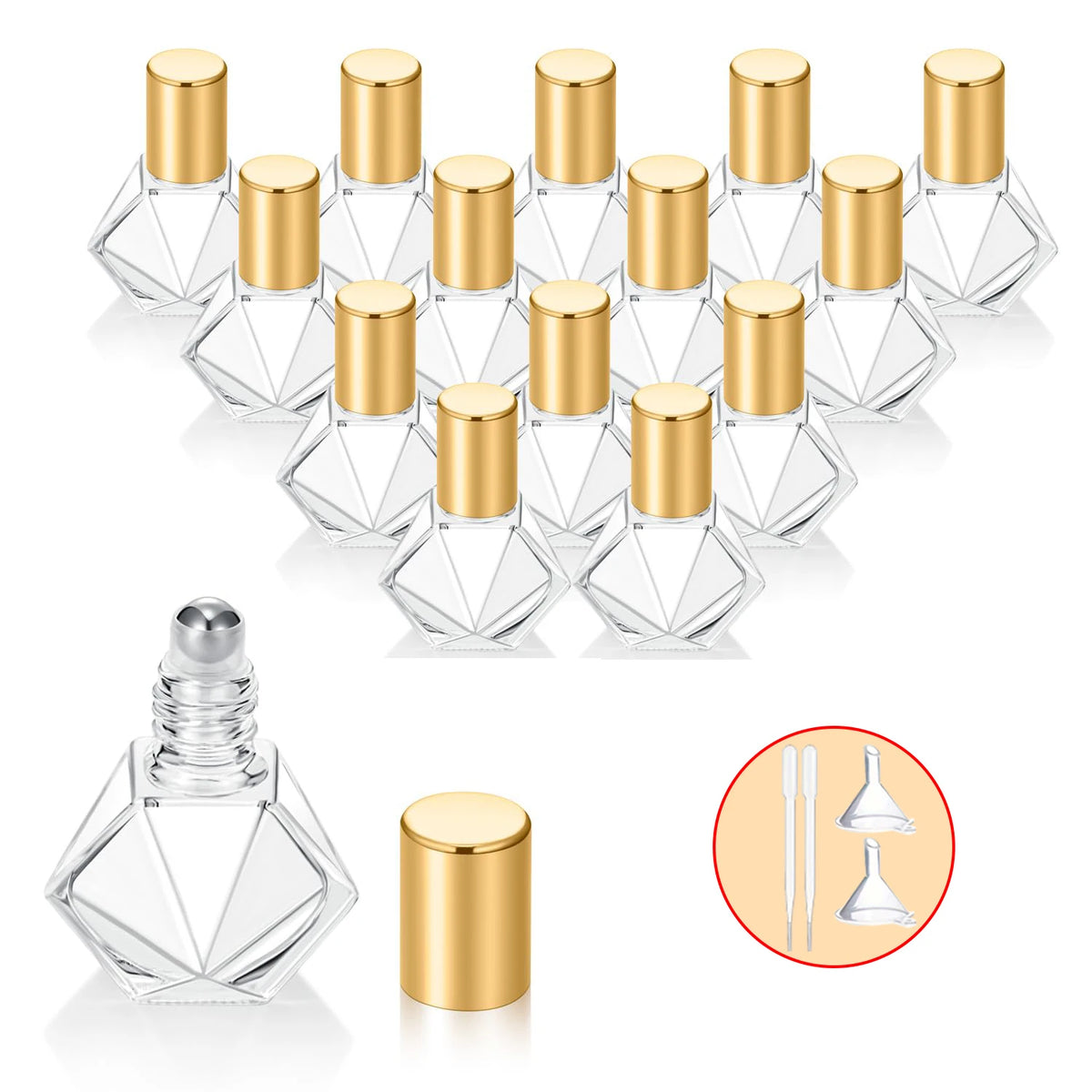 1/15pcs+4 Accessories Clear Glass Polygonal Essential Oil Roller Ball Bottles with 15 Roller Ball Bottles, 2 Funnels, 2 Straws