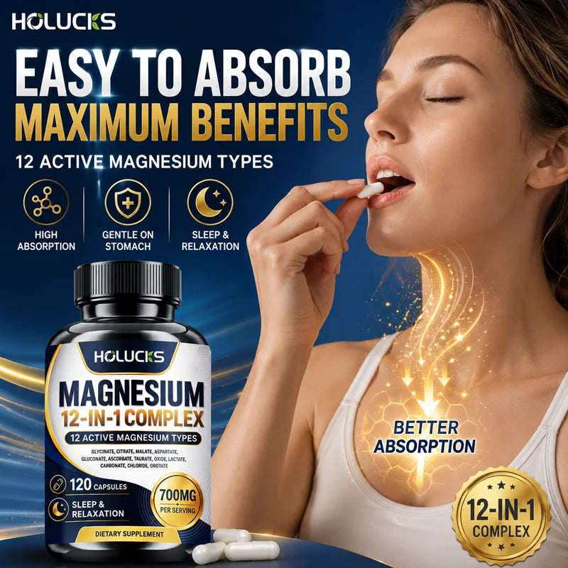 Magnesium Complex 700mg 12 in 1 Supplement, Support Heart & Bone Health, Aid Relaxation, Improve Muscle Strength, Boost Immune