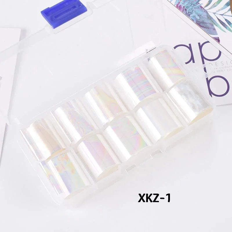 10 Rolls/ Box Charm Nail Foils Polish Stickers Metal Color Starry Paper Transfer Foil Wraps Adhesive Decals Nail Art Decorations