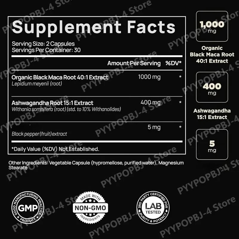 Black Maca Root Extract with Ashwagandha 60 Capsules Herbal Adaptogen Supplement for Men Women Energy Mood Stress Support
