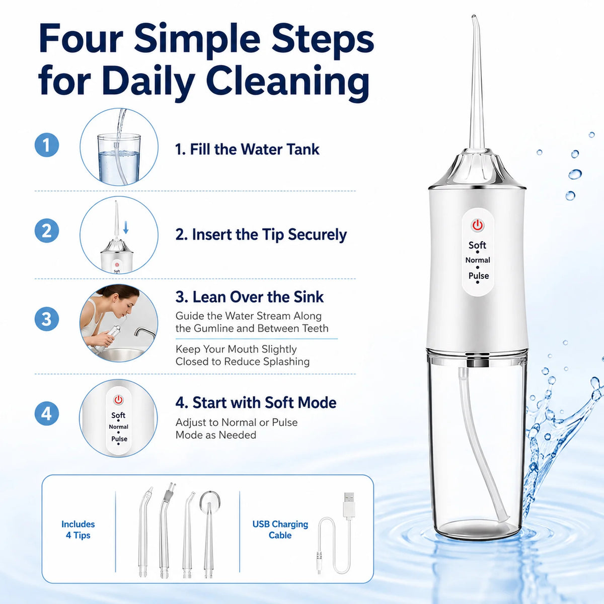Powerful Battery Electric Pick Ipx7 3 Modes Rechargeable Teeth Cleaning Replacement Tips Oral Irrigator Water Dental Flosser