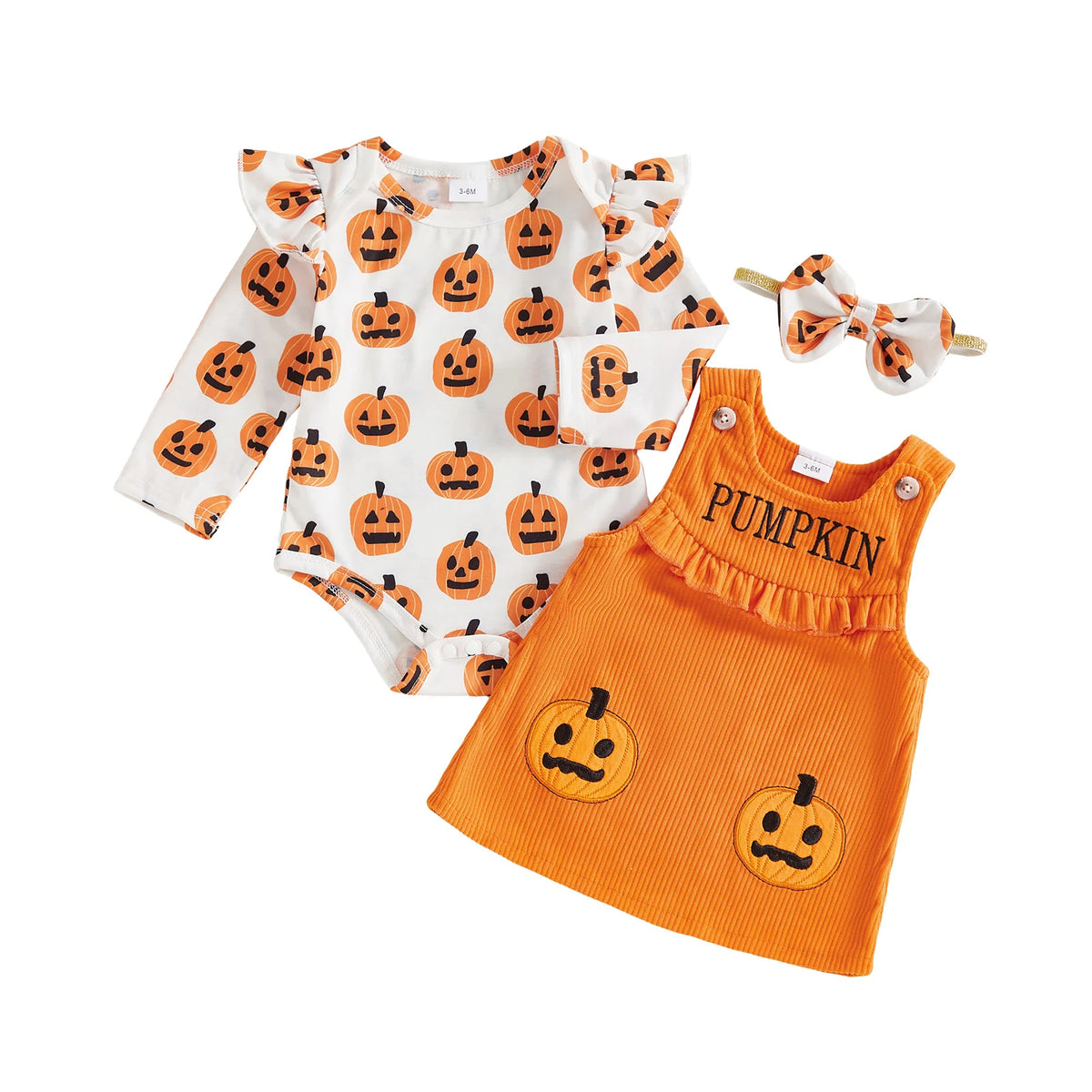 0-18M Baby Girl Halloween Outfit Long Sleeve Romper Pumpkin Print Overall Dress Headband Set Newborn Fall Clothes