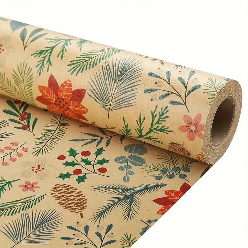 1 Roll 10m Large Size Christmas Themed Gift Wrapping Paper Plant Leaves Flowers Decoration Kraft Paper DIY Gift Wrapping Supplies