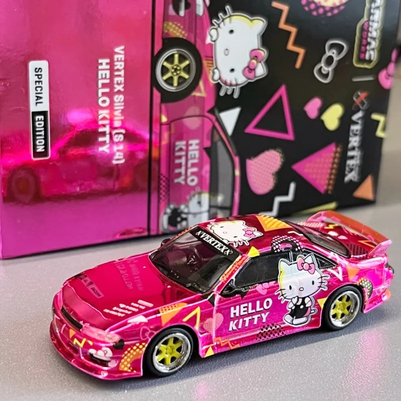 Hot! Tarmac Works Vertex Silvia S14 Hello Kitty Pink Chrome 1:64 Limited Edition Car Model Collectible Toy For Boy Enthusiasts