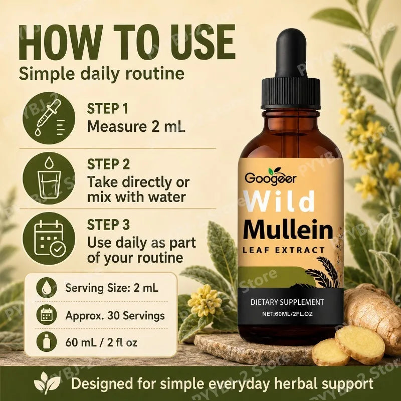 Mullein Liquid Drops 60ml with Wild Mullein Leaf Extract and Ginger Support Lung Health & Clean Impurities Plant Supplement