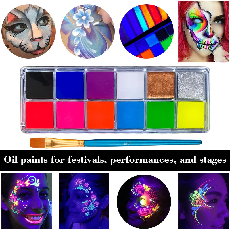 12-color UV Luminous Face Body Painting Palette Set With Brush,UV Glow Neon Face Body Paint Kit Glow For Halloween Makeup Party