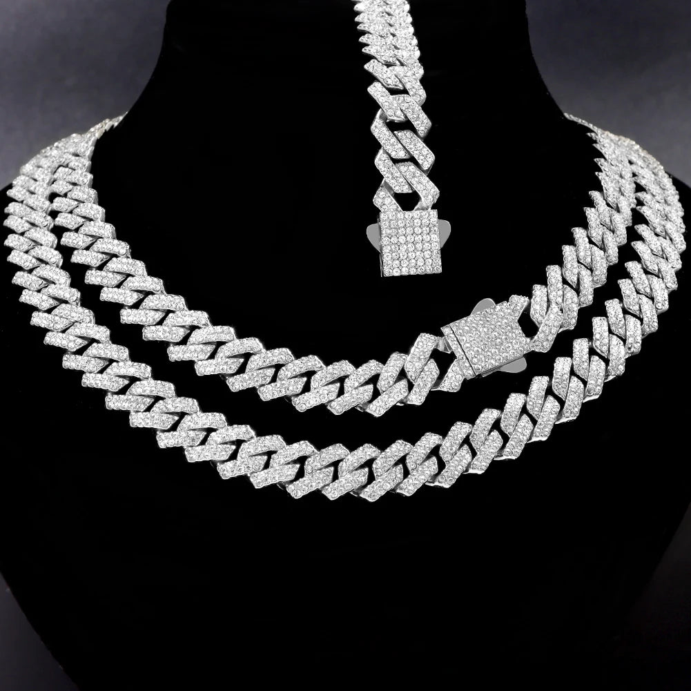 Iced Out Cuban Link Chain 14MM Prong Rhombus Diamond Cuban Chain Hip Hop Choker Necklaces Women Men Jewelry Wholesale