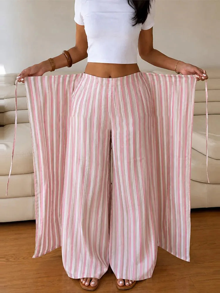 Pants Leg Stripe Women's Trousers Adjustable Waist Wrap Loose Summer Floor Length Boho Palazzo Trousers Women's Outfit For Women
