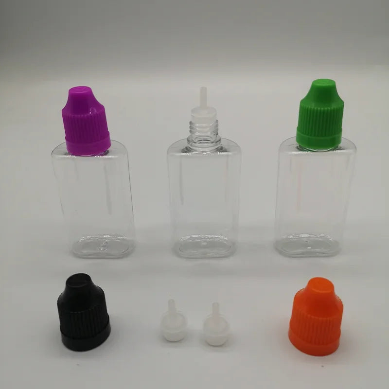 100pcs 30ml Clear/Black PET Plastic Square Flat Dropper Bottles Long Tip Cap Empty Liquid Dropper Squeezable Refillable Bottles