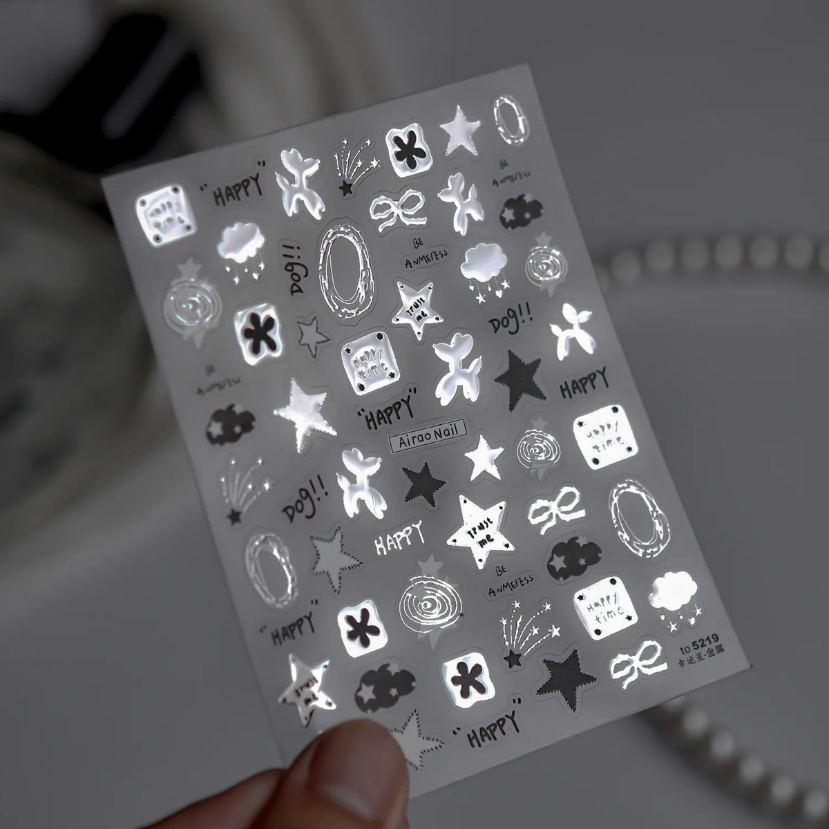 5D Nail Stickers Cute Stars Bow Nail Art Stickers Silver Metallic Metal Graffiti Gray Y2K Symbol DIY Nail 3D Decorations Decals