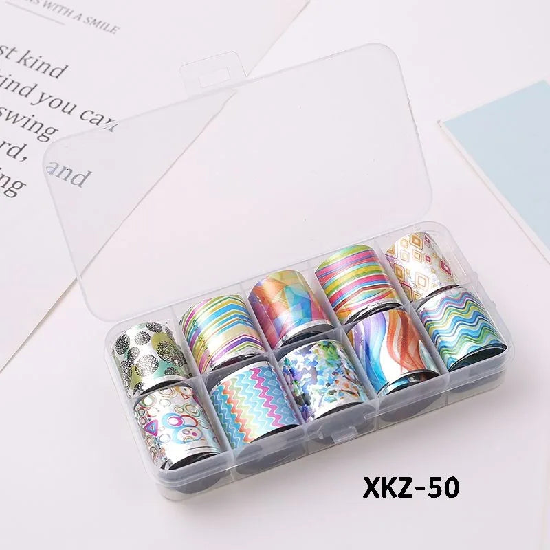 10 Rolls/ Box Charm Nail Foils Polish Stickers Metal Color Starry Paper Transfer Foil Wraps Adhesive Decals Nail Art Decorations
